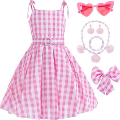 Princess Costumes Novelty Movie Cosplay Plaid Slip Dress Kids Birthday Fancy Girls Pink Costume with Accessories 3-10Y
