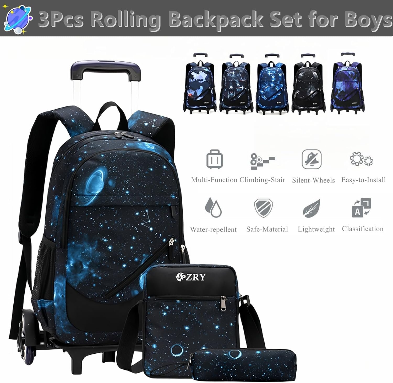 3Pcs Blue Geometric Print Boys Rolling Backpack Set with Crossbody Bag, Capacity Trolley School Bags Elementary Bookbags with 6 Wheels - Image 2