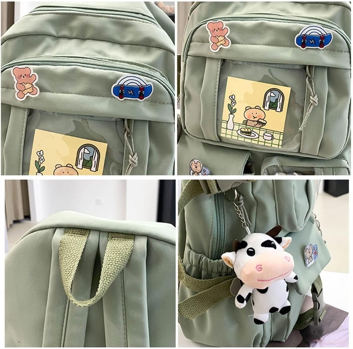Cute Backpack with Cute Pin Accessories Plush Pendant for School Bag Student Girl Backpack Super-Capacity Waterproof Travel Backpack(Green-2) - Image 2