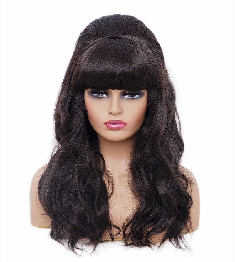 Rugelyss Long Wavy Dark Brown Wig with Bang Big Bouffant Beehive Wigs for Women fits 80s Costume or Halloween Party (dark brown 6#)