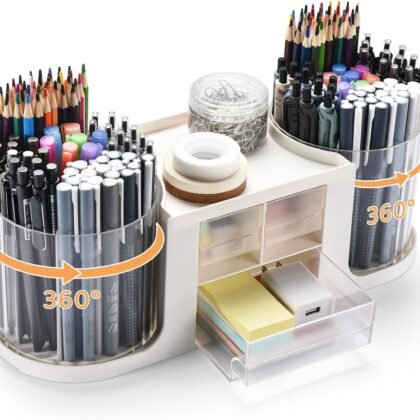 Rotating Desk Organizer with 2 Pen Holder, Desk Organizers and Accessories with 10 Slots Pencil Holder for Desk + 3 Drawer, Art Supply Storage Box Caddy for Office School Home (White)