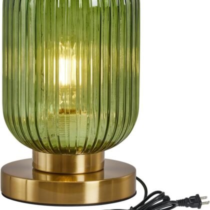 Glass Table Lamps Mid Century Modern Globe, Dimmable Green Table Lamp for Nightstand, Small Gold Table Lamp, Green Pumpkin Design Ribbed Glass Vintage Bedside Lamp for Bedroom Living Room Office