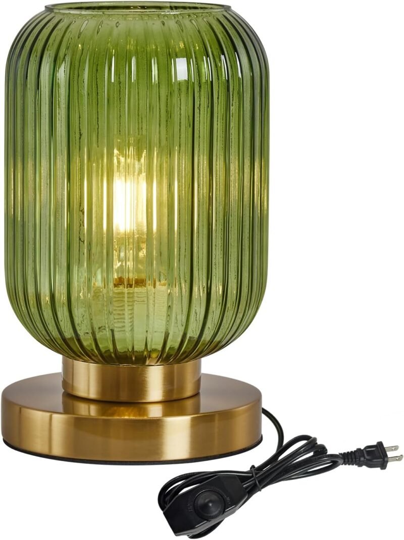 Glass Table Lamps Mid Century Modern Globe, Dimmable Green Table Lamp for Nightstand, Small Gold Table Lamp, Green Pumpkin Design Ribbed Glass Vintage Bedside Lamp for Bedroom Living Room Office