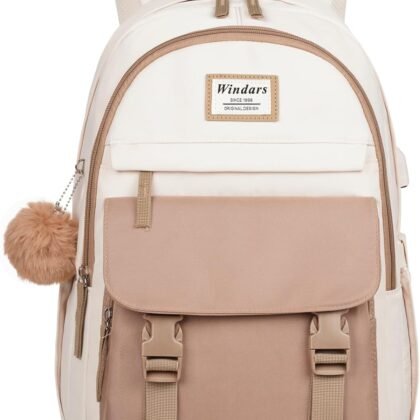 School Backpack for Teen Girls, Cute College Backpacks for Women Students Aesthetic Bookbag Large 15.6 Inch Laptop Bag Middle School Travel Back Pack (Khaki Beige)