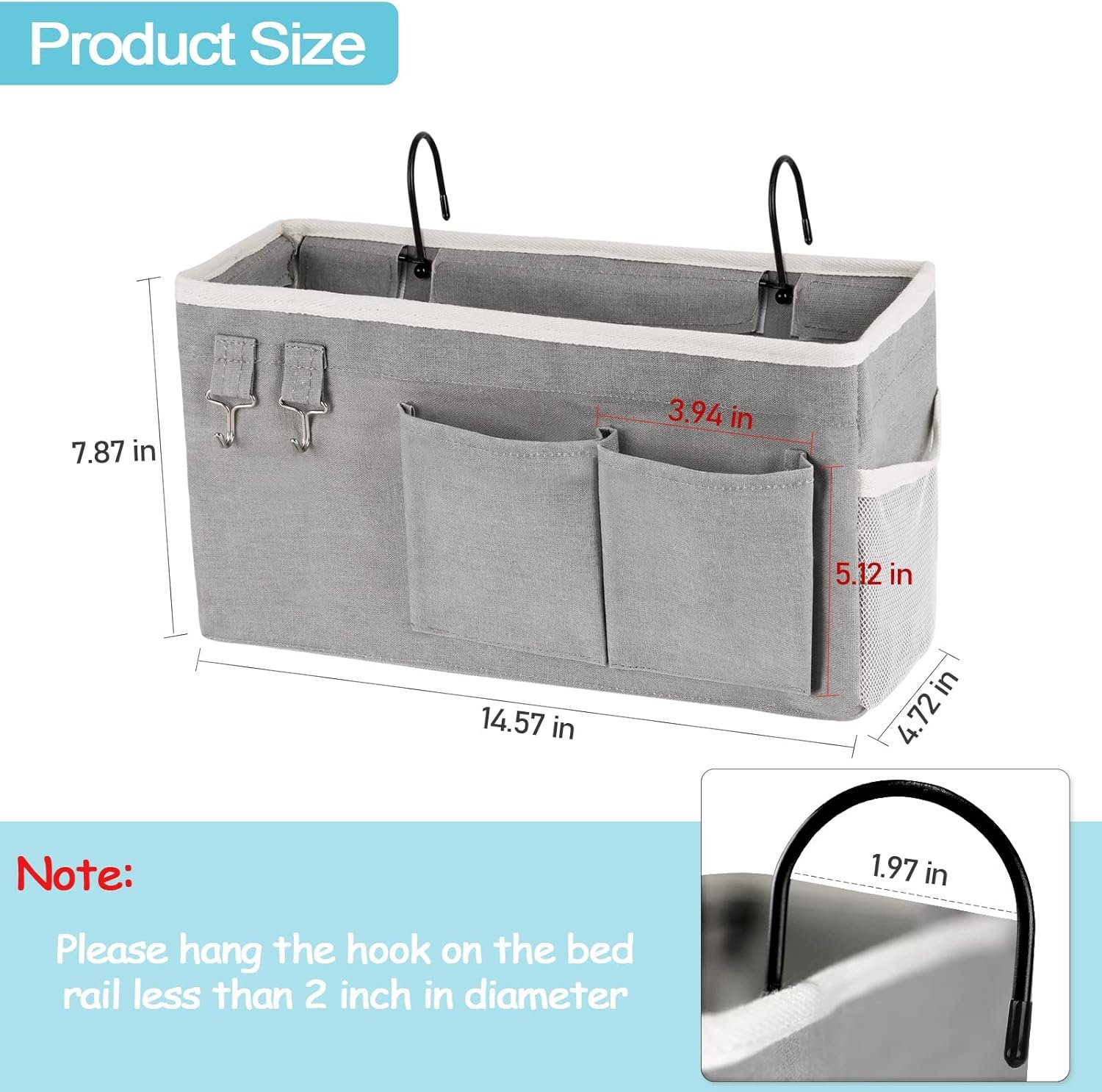 Loghot Bedside Caddy/Bedside Storage Bag Hanging Organizer for Bunk and Hospital Beds,Dorm Rooms Bed Rails,Can be Placed Glasses,Books,Mobile Phones,Keys (Grey) - Image 4
