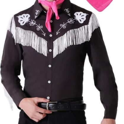 Maxim Party Supplies Western Fringe Shirt Cowboy Costume for Men, 80s 90s Retro Long Sleeve Shirt with Pink Scarf