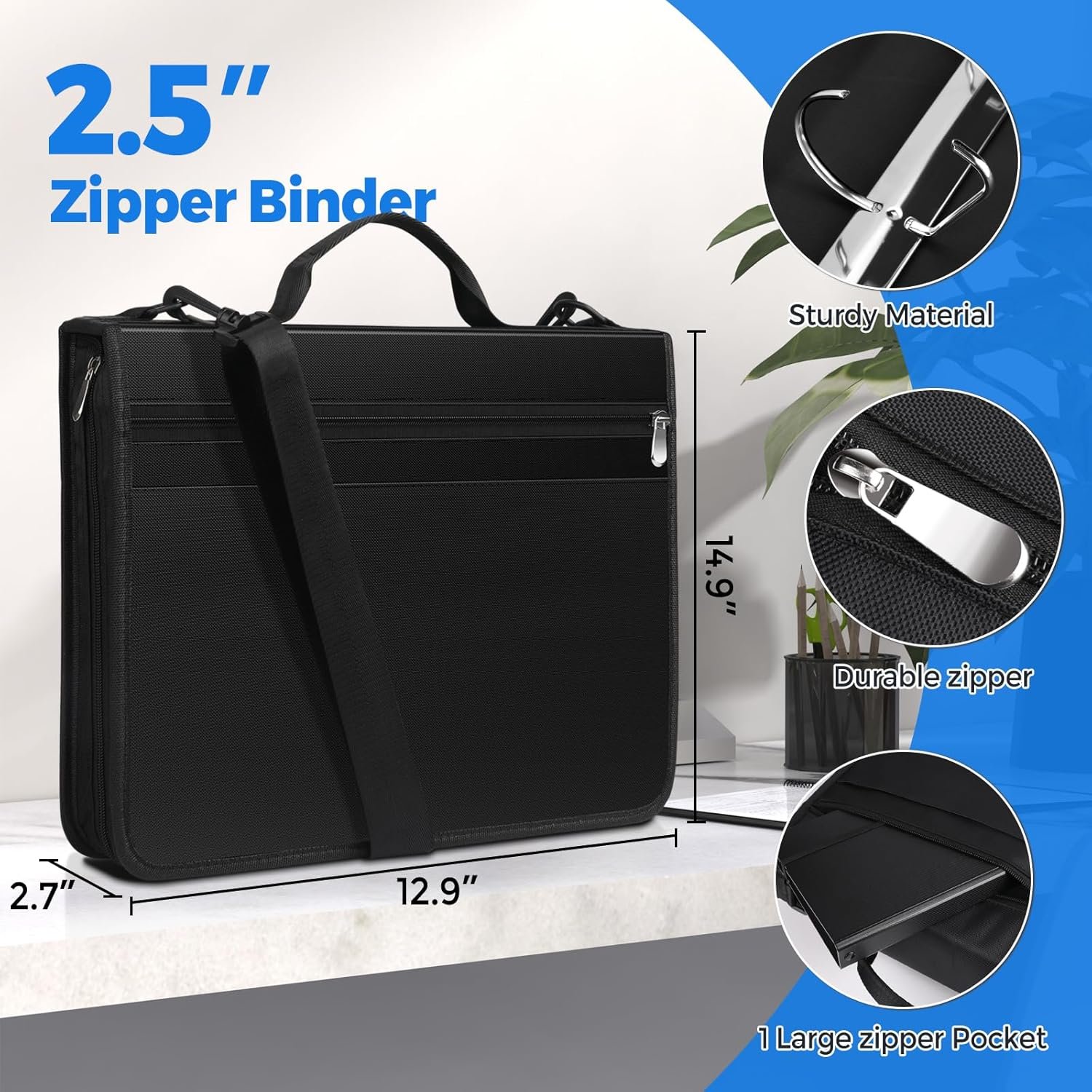 KTRIO Zipper Binder, Zippered Binder Bag with Handle and Shoulder Strap, Binder with 12 tabs, 2.5" 3 D Ring Zip Up Binder, Multi Pocket Organizer Binder, 300 Sheet Capacity, Black - Image 2