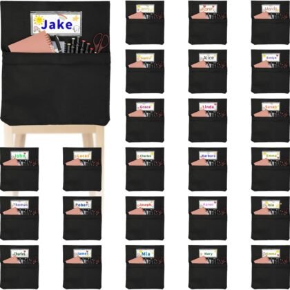 24 PCS Chair Pockets for Classroom, 20 x 17 Inch Extra Large Seat Sacks with Name Tags, Heavy-Duty Oxford Fabric Chair Organizers for School, Home, Office – Black