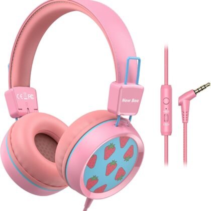 New bee Kids Headphones Wired for School with Microphone KH20 HD Stereo Safe Volume Limited 85dB/94dB Foldable Lightweight for Girl/Mac/Android/Kindle/Tablet/Pad (Pink)