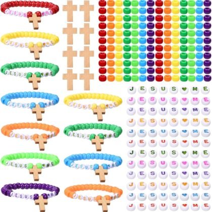 32 Set Jesus Love Me Faith DIY Bead Craft Kit Making Religious Bracelet Beads for VBS Week Sunday School Bible Verse Gifts Wooden Cross Bracelet Craft Kit