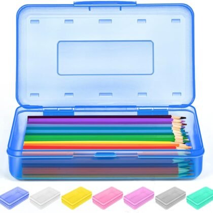 Sooez 1 Pack Clear Pencil Box, Large Plastic Pencil Case Crayon Box, Colored Hard Pencil Case Organizer, Maker Organizer with Lid, Small Art Craft Storage Containers Pen Box for for Boys School, Blue