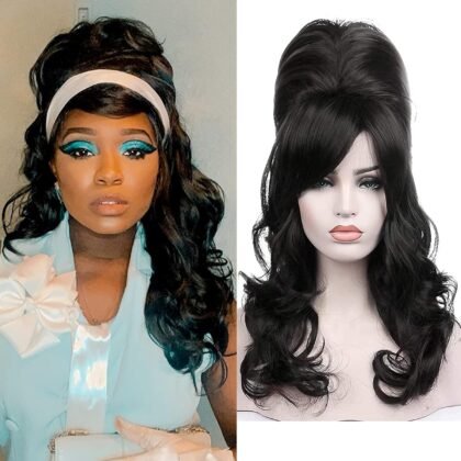 Kalyss Natural Black Beehive Wig Women’s Curly Wavy Long Heat Resistant Synthetic Hair Cosplay Costume Wigs (Natural Black)