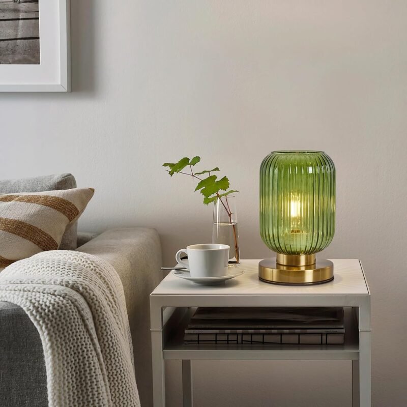 Glass Table Lamps Mid Century Modern Globe, Dimmable Green Table Lamp for Nightstand, Small Gold Table Lamp, Green Pumpkin Design Ribbed Glass Vintage Bedside Lamp for Bedroom Living Room Office - Image 8