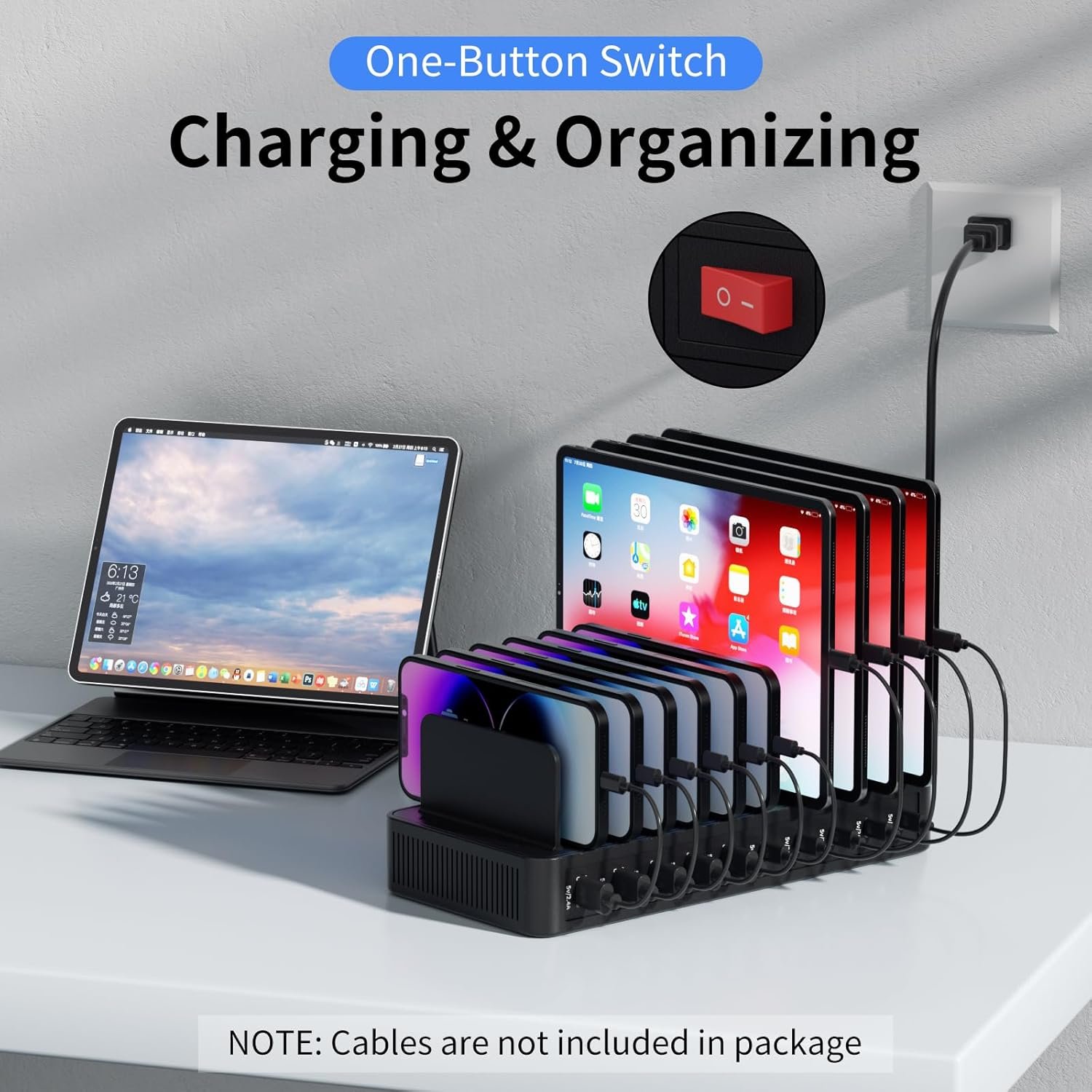 60W Charging Station for Multiple Devices, 10-Port USB Fast Charging Station with Adjustable Dividers - Device Organizer Charging Dock for iPhone, Android, iPad, Tablets & More - Image 7