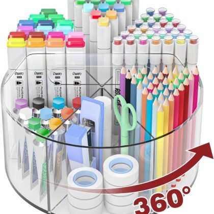 Absonic Acrylic Pen Holder Pencil Organizer, 360-Degree Rotating Pencil Holder, Crayon Organizers for Kids Marker Organizer Caddy Art Supply Kids Desk Organizers for Office Home School