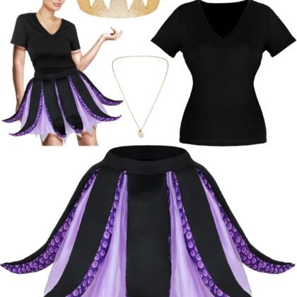 Ramede 5 Pcs Women Octopus Costume Halloween Sea Witch Costume Purple Cosplay Tentacle Skirt Gold Necklace Earring