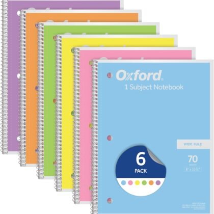 Oxford Spiral Notebook, Bulk Wide Ruled Spiral Notebooks for School, Pastel Colors, 1 Subject School Journal, 70 Wide Ruled Sheets, 8 x 10-1/2 Inch, 6 Pack, Blue Green, Pink, Purple, Yellow (63757)