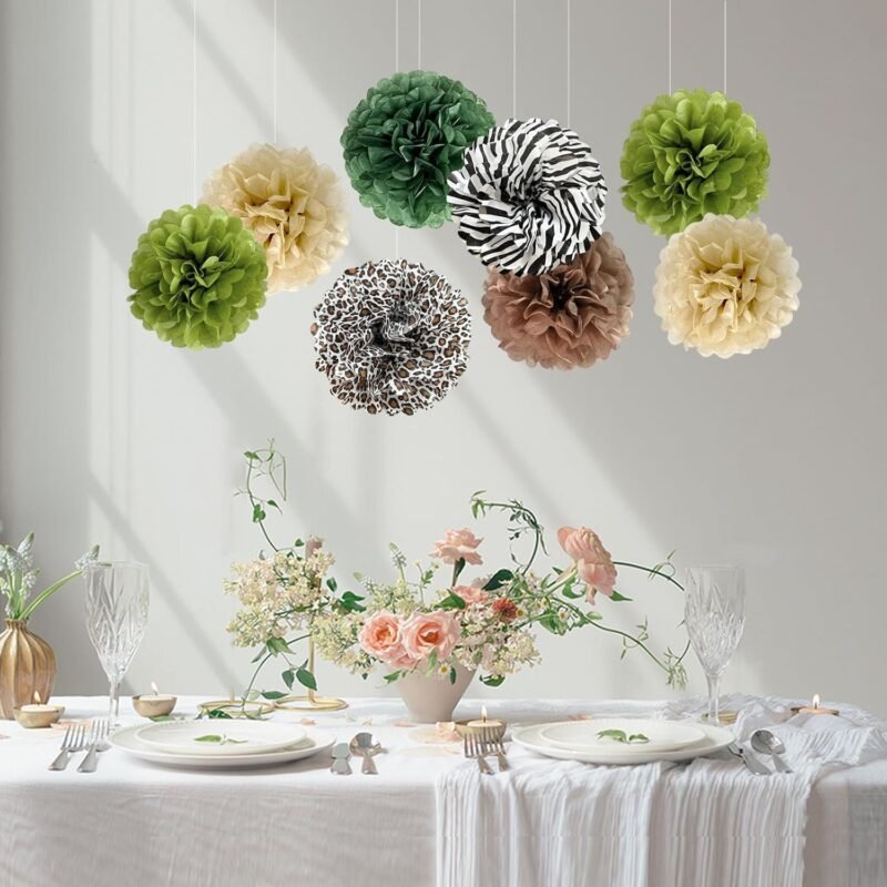 ANSOMO Jungle Safari Tissue Paper Pom Poms Wild Animal Leopard Zebra Print Cheetah Party Decorations Sage Green Brown Flowers Wall Hanging Décor Table Centerpieces Supplies Birthday Bridal Baby Shower - Image 3