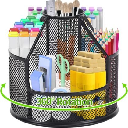 Pencil Holder, Rotating Desk Organizer, Metal Pen Organizer Mesh Pen Holder Office Desk Accessories Cute Office, School, Home,Art Suppliers (Black)
