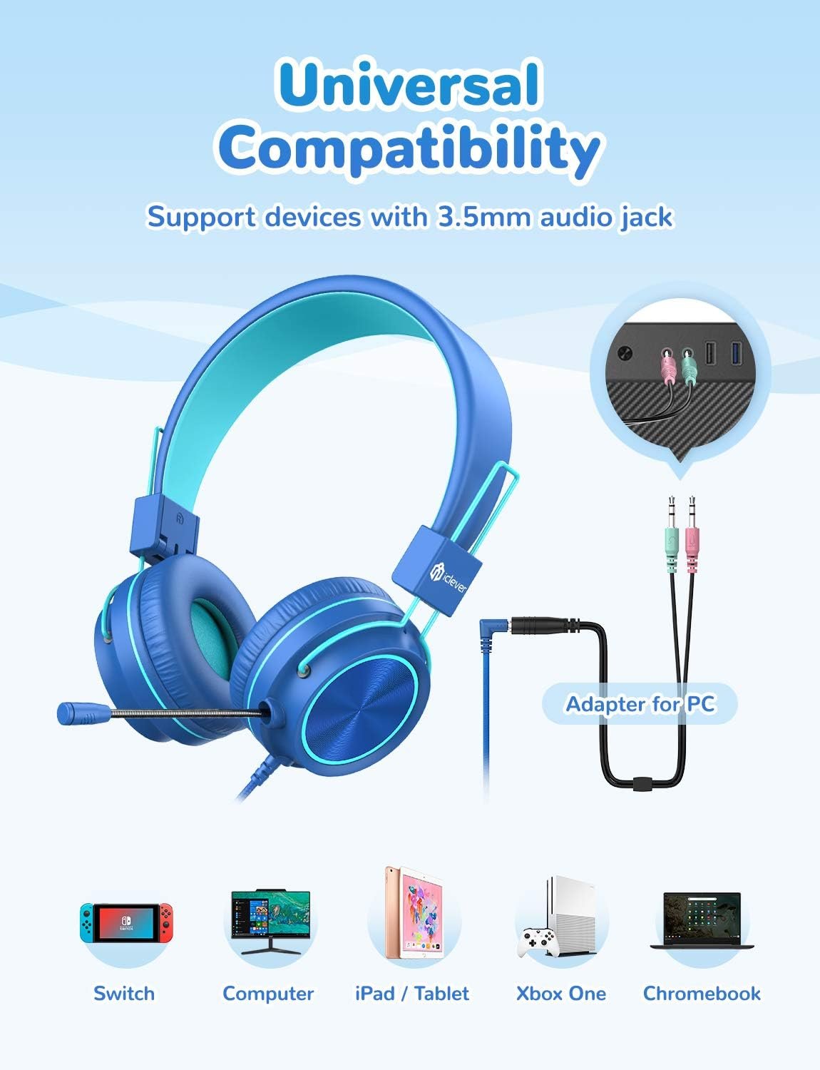 iClever HS21 Kids Headphones with Microphone for Virtual School- Rotatable Extendable Mic - 94 dB Volume-Safe Headphones for Kids, Wired Foldable Kid Gaming Headset for PS4/Xbox One/Switch/PC/Tablet - Image 6