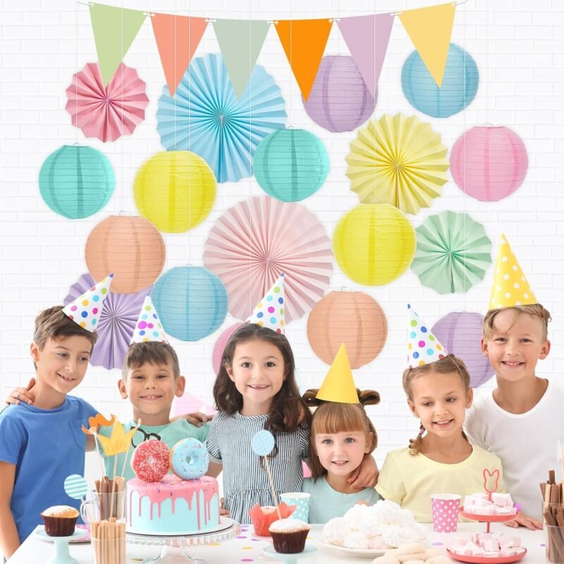 21Pcs Pastel Classroom Decor Colorful Pastel Hanging Paper Lanterns Paper Fans Triangle Flags Banners Set Round Lantern for Back to School Ceiling Supplies Home Indoor Birthday Party Ceremonial Event - Image 7