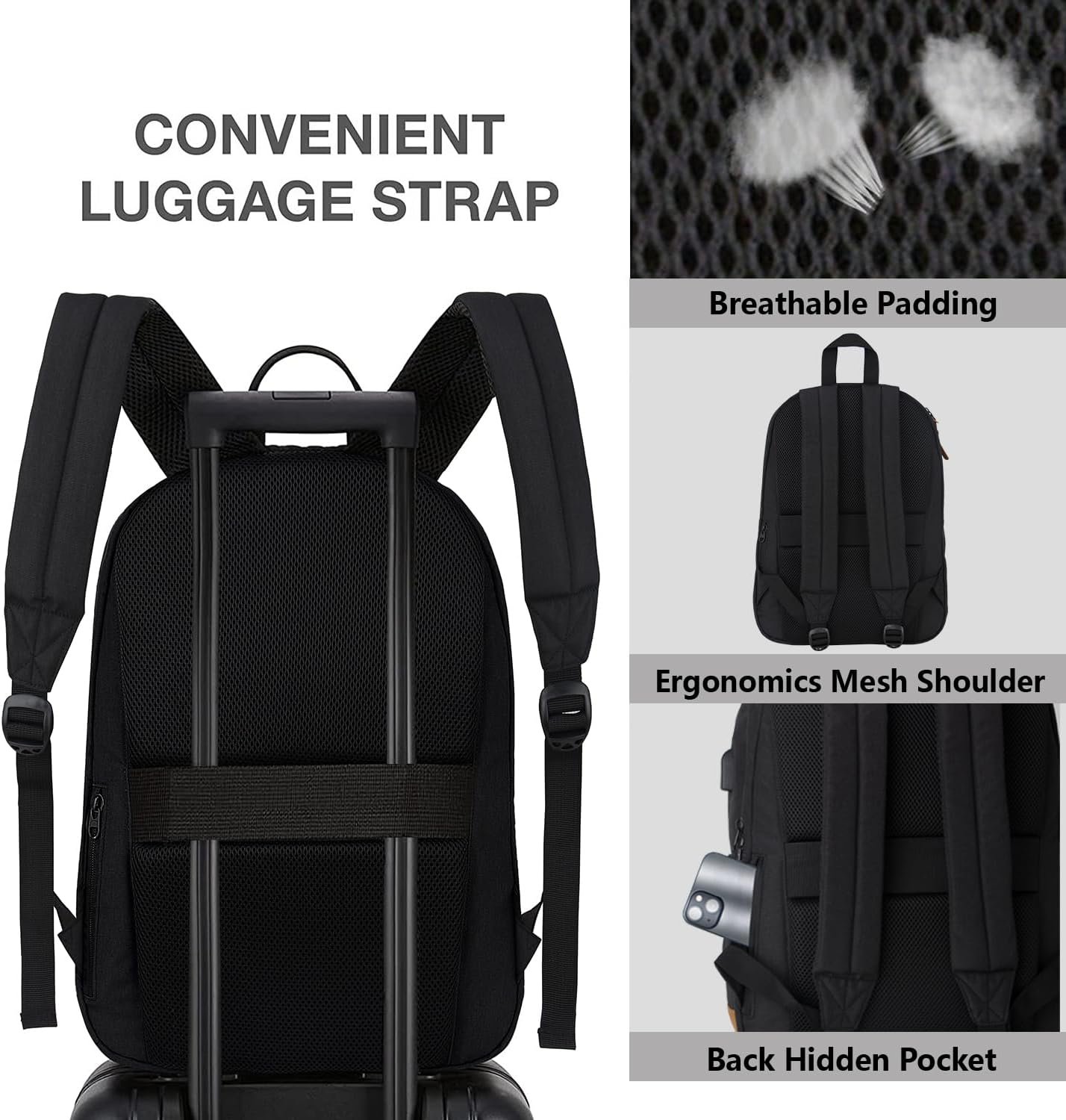 KEOFID Travel backpack for Men and Women, Anti Theft Laptop Backpack with USB Charging Port for Work, Large Bag for College, BLACK BOOK BAG FOR BOYS, GILRS Backpack,Water Resistent(Black) - Image 5