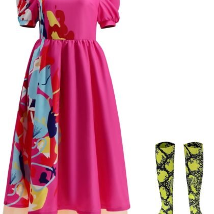 Women Weird Doll Costume Dress with Socks Pink Puff Short Sleeve Printed Dresses for Halloween