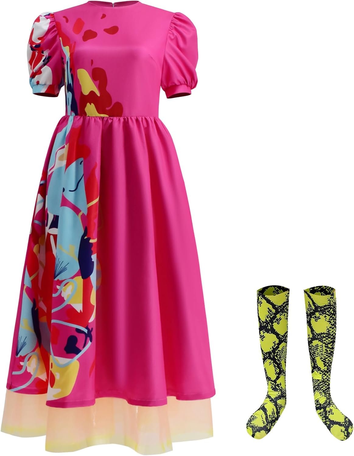 Women Weird Doll Costume Dress with Socks Pink Puff Short Sleeve Printed Dresses for Halloween