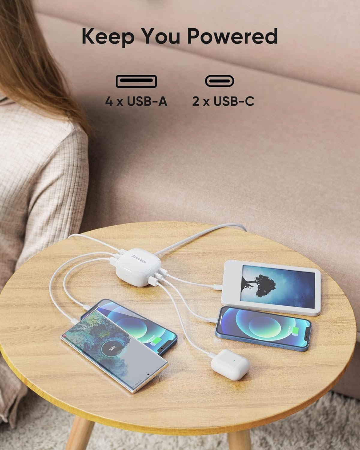 SUPERDANNY 6-Port USB Charger, 40W 8A Mini USB Charging Station, Charging Station for Multiple Devices, 4ft Cable, Compatible with iPhone, iPad, Galaxy, Pixel, for Travel, Cruise, White - Image 2