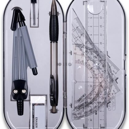 Math Geometry Kit Set 8 Pieces Student Supplies with Shatterproof Storage Box & Reusable Pouch,Includes Rulers,Protractor,Compass,Pencil,Eraser.for Students and Engineering Drawings
