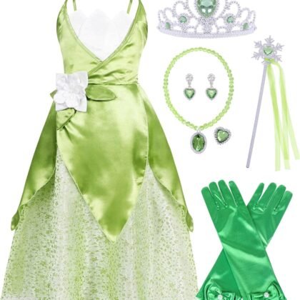 COTRIO Princess Dress Up for Girls Green Fairy Princess Dresses Kids Halloween Costumes Birthday Outfit with Accessories
