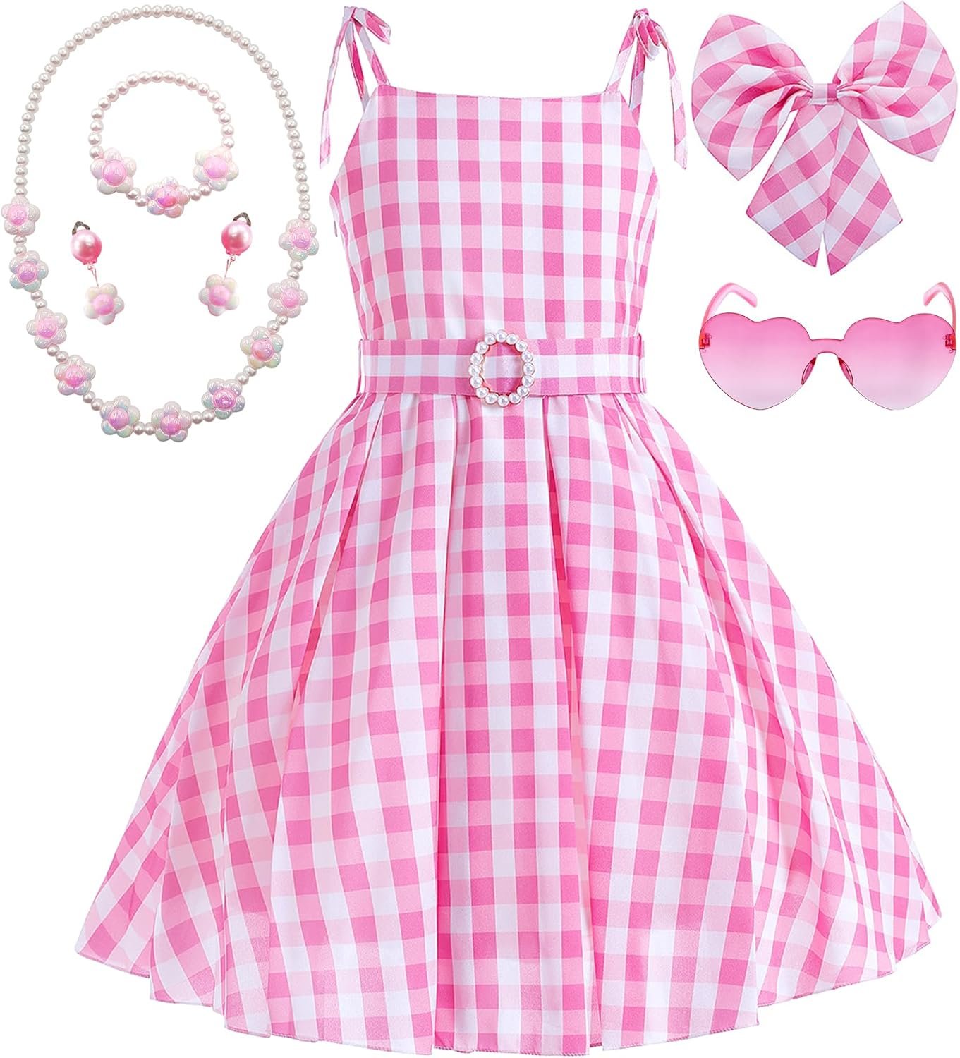 Golray 7pcs Girls Plaid Costume Dress Sweet Slip Dress with Accessories Movie Outfit Birthday Halloween Costume for Girls