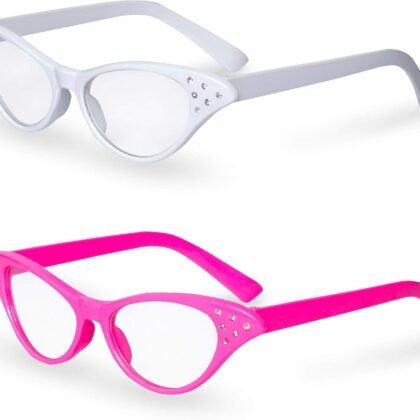 Pink/White Cat Eye Retro Costume Dress Up Hip Hop Rhinestone Glasses (2 Pack)