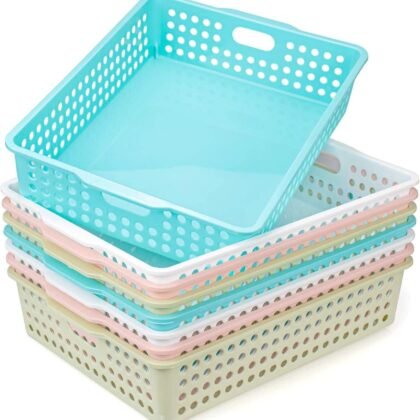 Lawei 8 Pack Plastic Storage Baskets - Colorful Paper Organizer Baskets Plastic Shelf Bins with Handles, Classroom Office File Holder for Home Office School
