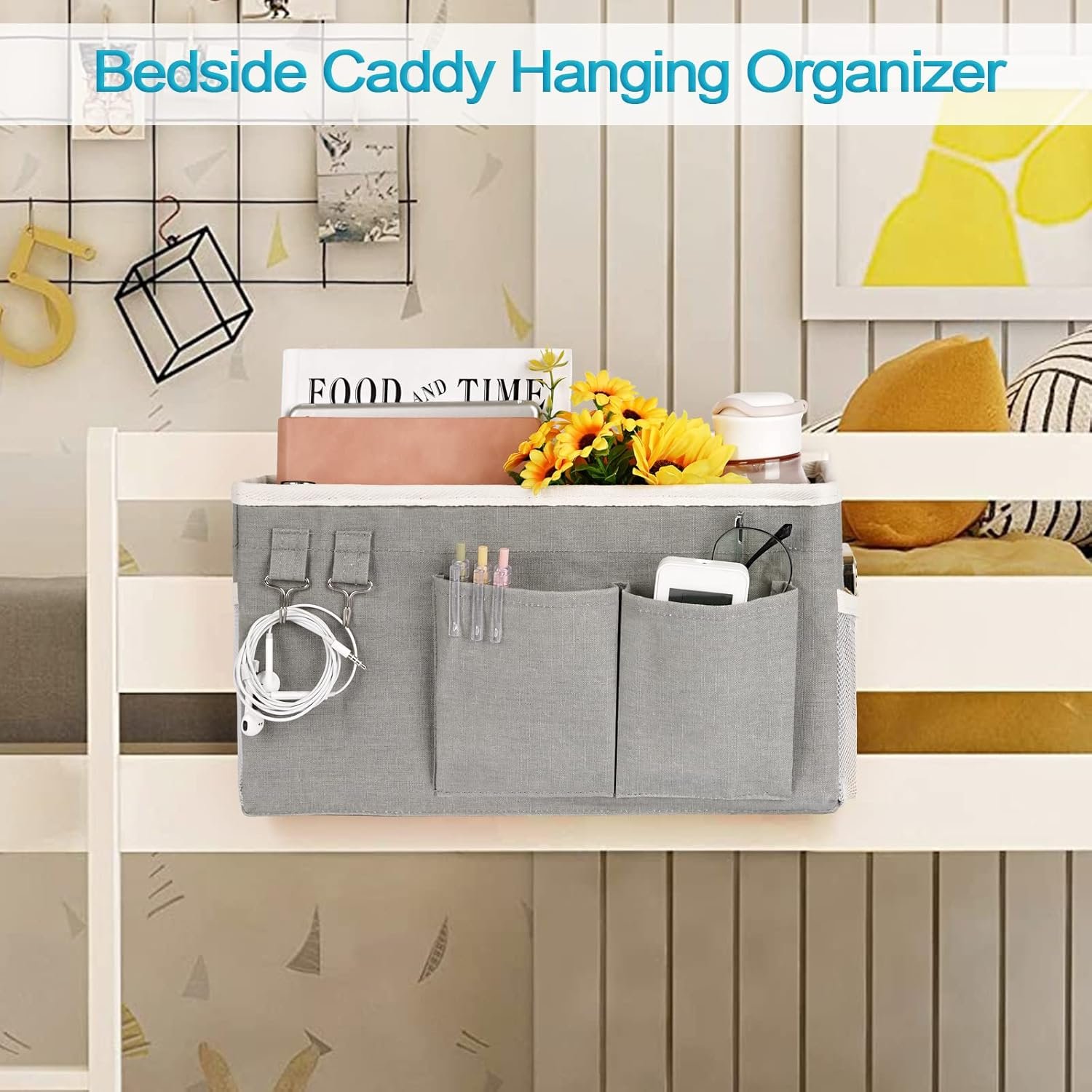 Loghot Bedside Caddy/Bedside Storage Bag Hanging Organizer for Bunk and Hospital Beds,Dorm Rooms Bed Rails,Can be Placed Glasses,Books,Mobile Phones,Keys (Grey) - Image 3