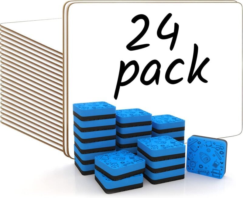 Scribbledo 24 Small White Board Dry Erase Boards Classroom Pack Mini White Boards 9" x12” Double Sided Personal Whiteboards for Students Teachers School Supplies Lapboards 24 Mini Erasers Incl