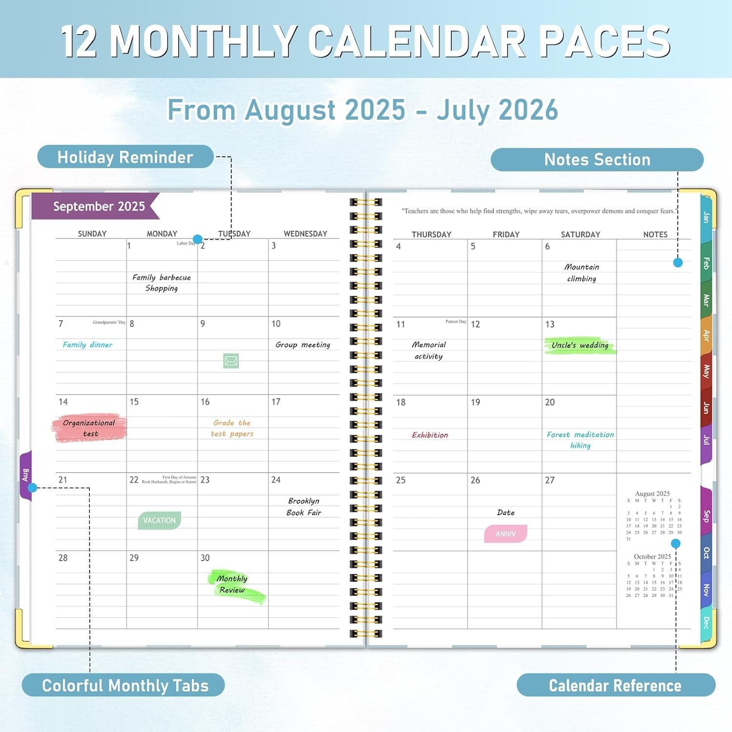 Teacher Planner 2025-2026, Aug 2025-Jul 2026 Academic Year, 8.5" x 11" Lesson Planner Book for Teacher Calendar, Spiral Bound Planners, Planning Stickers, Colorful Monthly Tabs, Checkered - Image 3