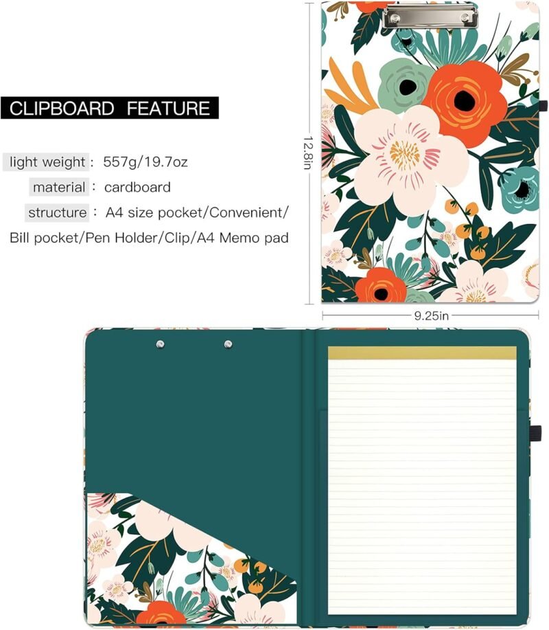 Hongri Clipboard Folio with Refillable Lined Notepad and Interior Storage Pocket for Students, Classroom, Office, Women, Man, Cute Custom Pattern, Size 12.8 x 9.2 in, Classic Flower - Image 3
