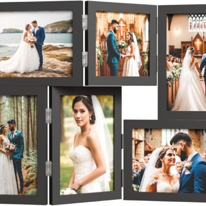 6 Picture Frame, 4x6 Six Folding Hinged Photo Frames, Rustic Wood Desk Family Photo Collage Stand Vertical on Tabletop for Birthday Family Lover Gift (Black)