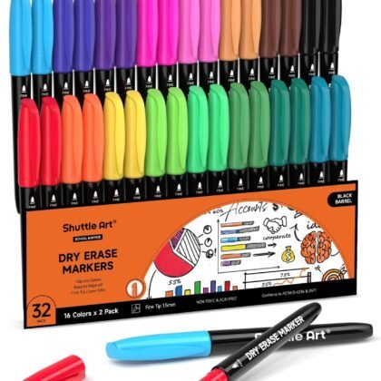 Shuttle Art Dry Erase Markers, 32 Pack 16 Colors Whiteboard Markers,Fine Tip Dry Erase Markers for Kids,Perfect For Writing on Whiteboards,Dry-Erase Boards,Mirrors,Calender,School Office Supplies