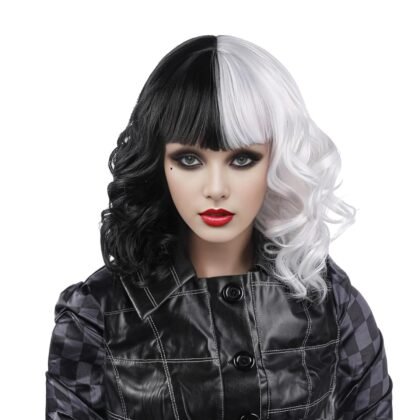 Black And White Wig Short Curly Wig With Bangs Halloween Costume Wigs For Women