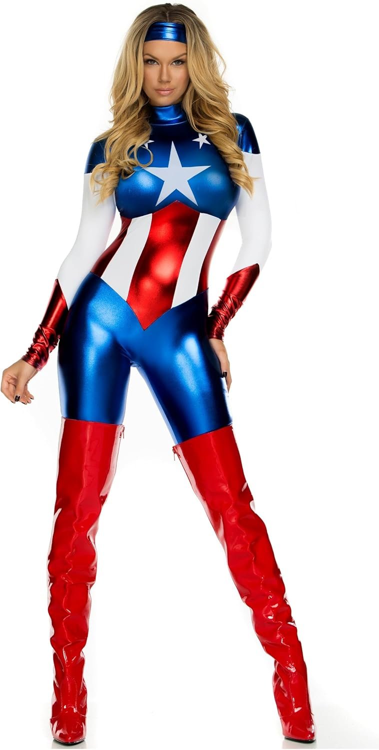 Forplay Women's Petite Star Spangled Hero Catsuit with Stripe Waist and Headband - Image 3