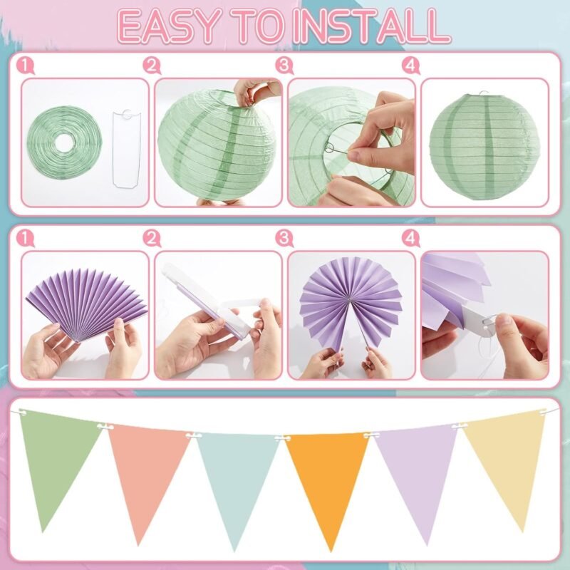 21Pcs Pastel Classroom Decor Colorful Pastel Hanging Paper Lanterns Paper Fans Triangle Flags Banners Set Round Lantern for Back to School Ceiling Supplies Home Indoor Birthday Party Ceremonial Event - Image 4