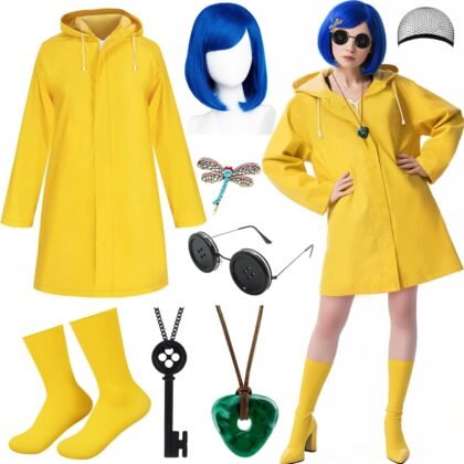 MOVINPE Coraline Costume Set for Women & Teen Girls, Halloween Outfit with Blue Wig, Yellow Raincoat, Button Eye Glasses, Key Necklace Green Stone Necklace Coraline Cosplay Accessories Kit