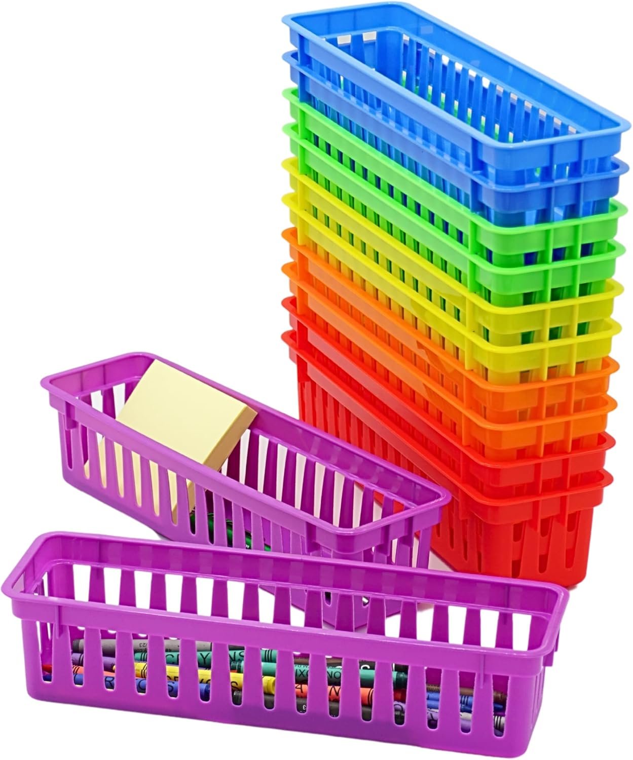 4E's Novelty 12 Pack Pencil Holder for Kids Desk, Colorful Plastic Pen Baskets Tray for Organizing Classroom Supplies, Plastic Caddy for Desk and Elementary Teacher Supplies for Classroom - Image 4