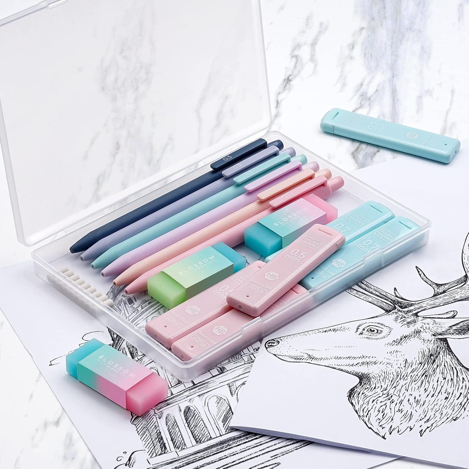 Four Candies Cute Mechanical Pencil Set, 6PCS Pastel Mechanical Pencils 0.5 & 0.7mm with 360PCS HB Leads, 3PCS Erasers and 9PCS Eraser Refills, Aesthetic School Supplies for Girls Writing - Image 4