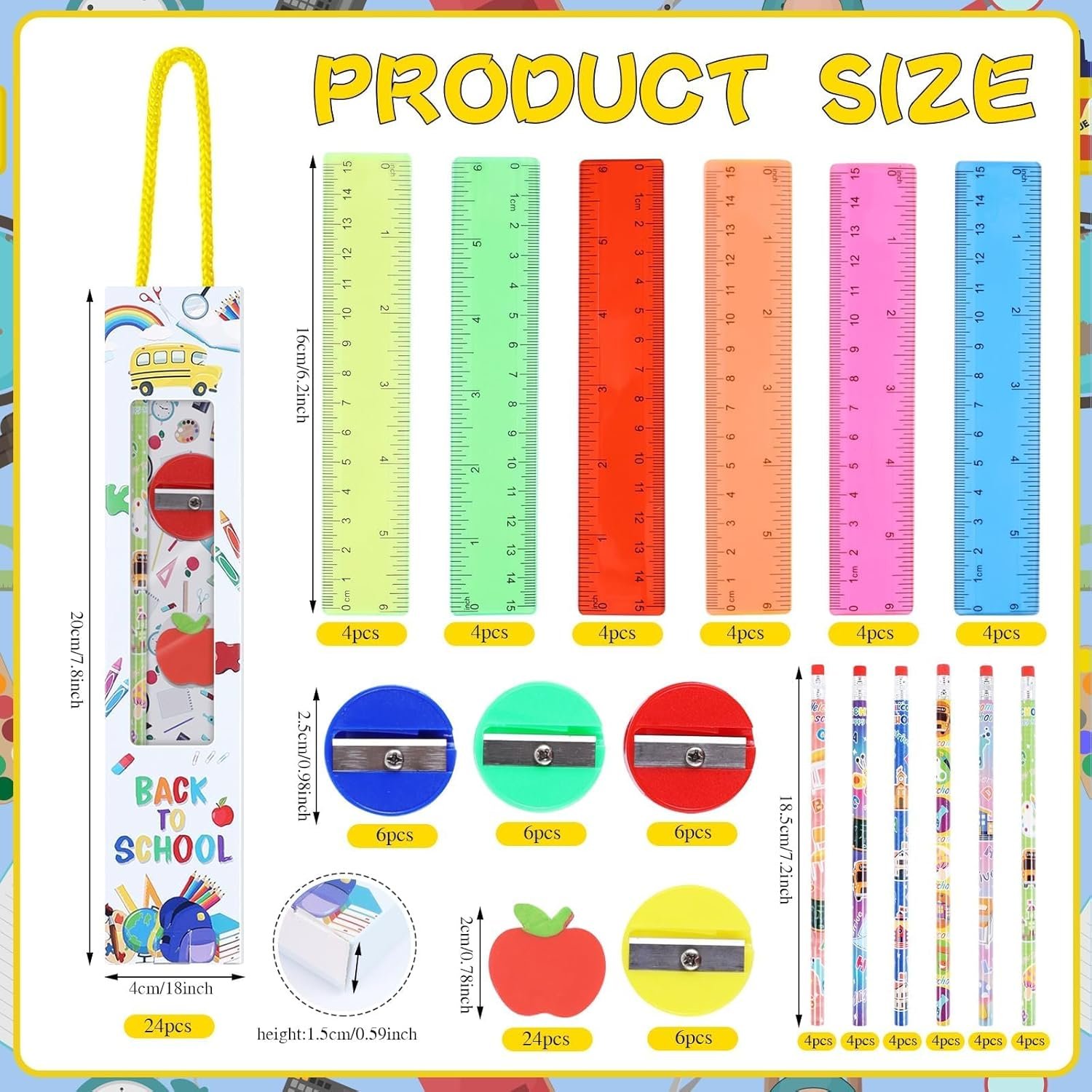 24 Sets Welcome Back to School Supplies Gift Kids First Day of School Stationery Set Including Pencils Eraser Ruler Sharpeners with boxes for Students Classroom Rewards Prizes Bulk 4 in 1 (mixcolor)