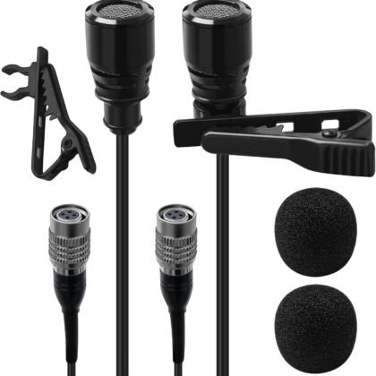 2 Pack Lavalier Lapel Microphone for Audio Technica Unidirectional Condenser Clip-on Lapel Mic Hirose 4 Pin Female Connector Work for Vlog Interview Teaching,Hand-Free,Black