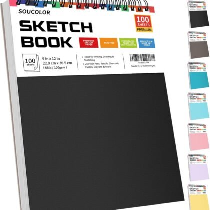 Soucolor 9" x 12" Sketch Book, 1-Pack 100 Sheets Spiral Bound Art Sketchbook, (68lb/100gsm) Acid Free Artist Drawing Book Paper Painting Drawing Writing Sketching Pad for Kids Adult Teens Girls Boys