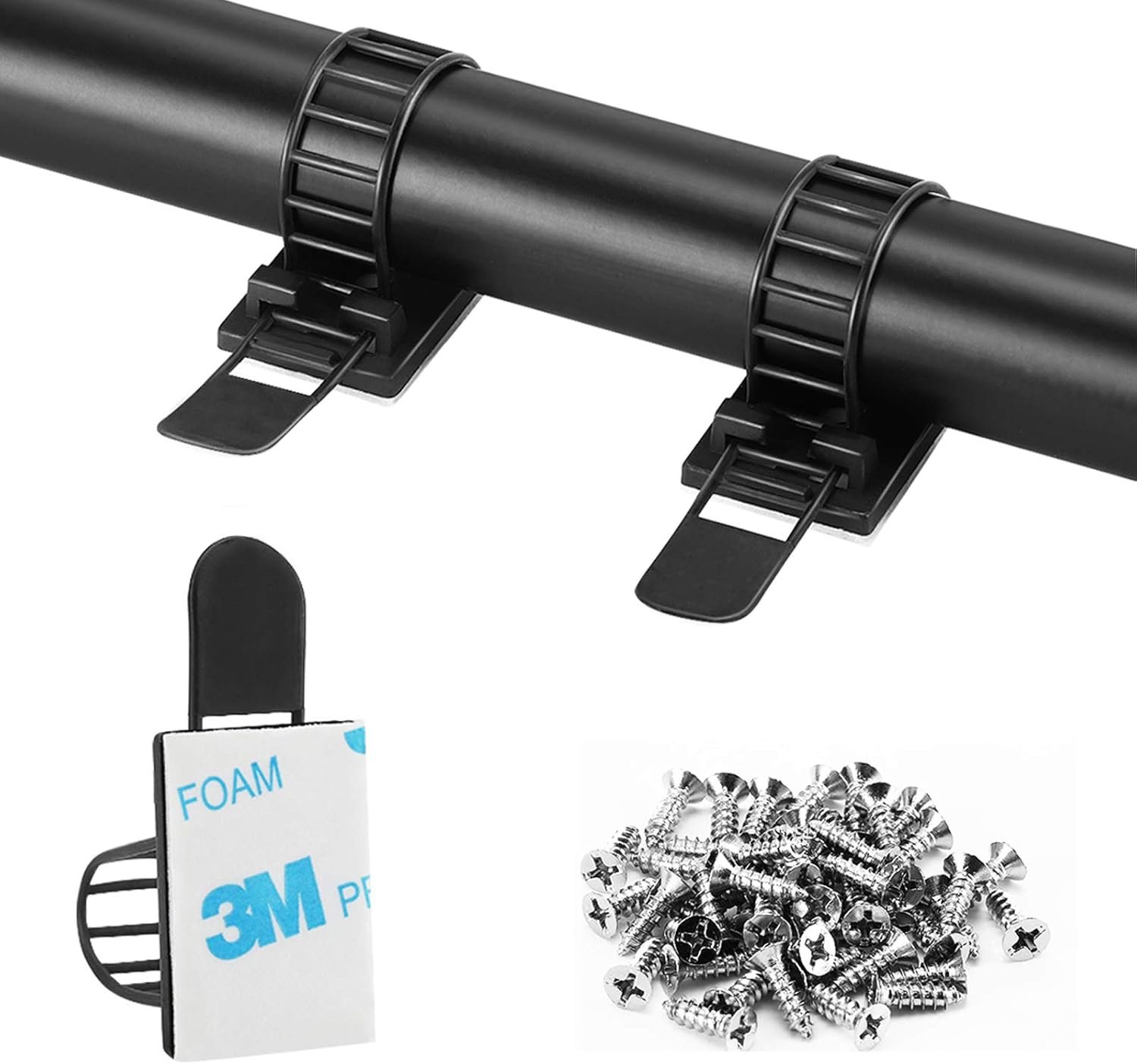 50Pcs Adjustable Adhesive Cable Management Clips, Nylon Cable Strap Ties Wire Clips Clamps Organizer with Strong Adhesive Tape, Extra Screw & Hole for Strong Fixation Home Office - 3.35 Inch Black